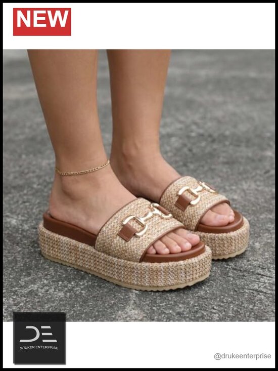 Shoes - Platform Sandals Cute Raffia Espadrilles Slip on Open Toe Woven Straw Slides